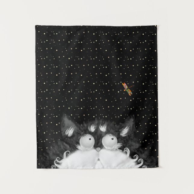 Tuxedo Cat Surprised by Dragonfly Tapestry (Front)