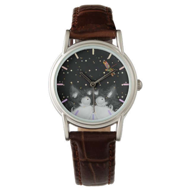 Tuxedo Cat Surprised by Dragonfly  Watch (Front)