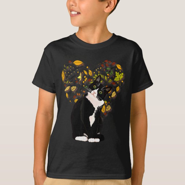 Tuxedo Cat T Shirt Gift Autumn Fall Leaves Black A (Front)