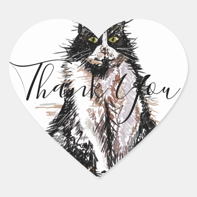 Tuxedo Cat Thank You Black and White Cats Heart Sticker (Front)