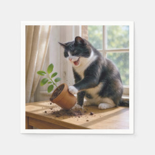 Tuxedo Cat Toppling a Potted House Plant Napkin