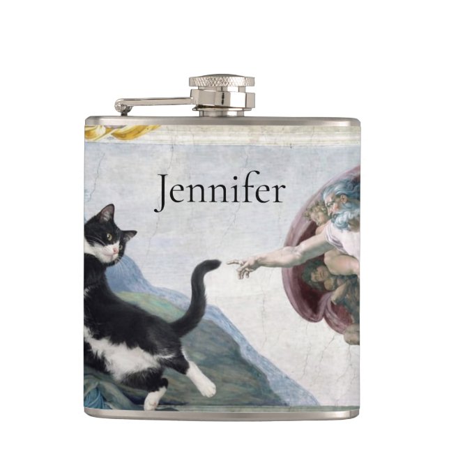 Tuxedo Cat Touching the Divine Paw                 Hip Flask (Front)
