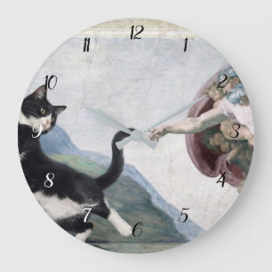 Tuxedo Cat Touching the Divine Paw                 Large Clock