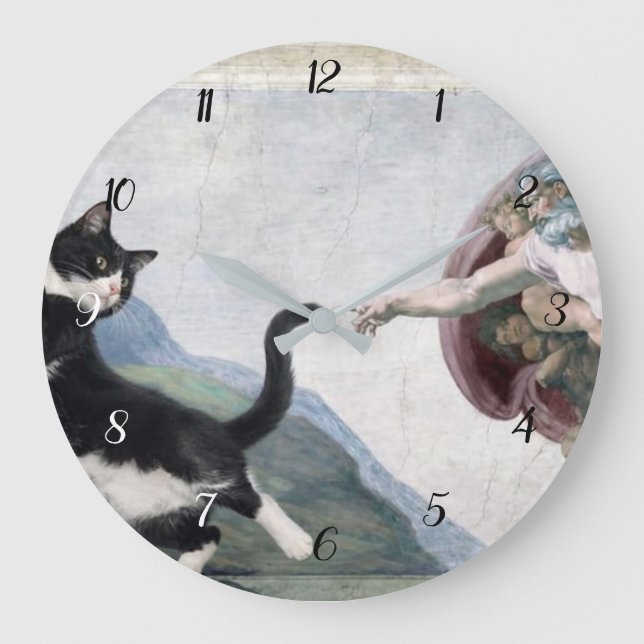 Tuxedo Cat Touching the Divine Paw                 Large Clock (Front)