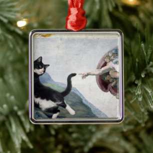 Tuxedo Cat Touching the Divine Paw                 Metal Tree Decoration
