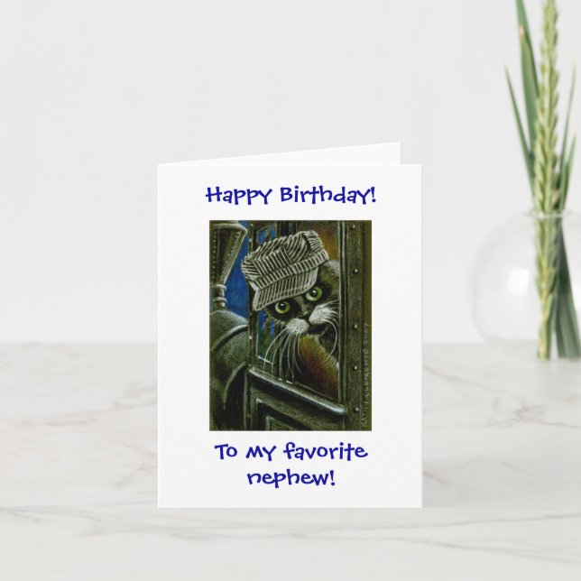 Tuxedo Cat Train Conductor Birthday Card (Front)
