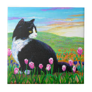 Tuxedo Cat Tulips Creationarts Tile