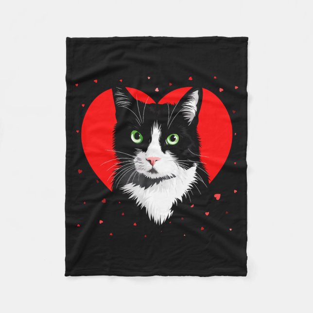 Tuxedo Cat Valentine Heart For Kitten And Animal L Fleece Blanket (Front)