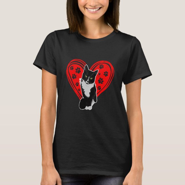 Tuxedo Cat Valentine Heart Paw For Kitten And Cat  T-Shirt (Front)