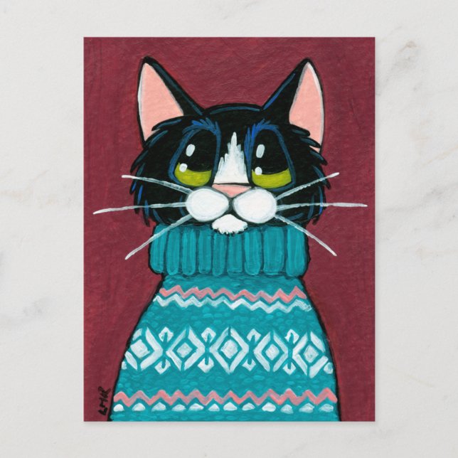 Tuxedo Cat Wearing an Ugly Sweater Painting Postcard (Front)