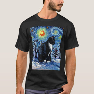 Tuxedo Cat Winter Snow Holiday Starry Night Art by T-Shirt