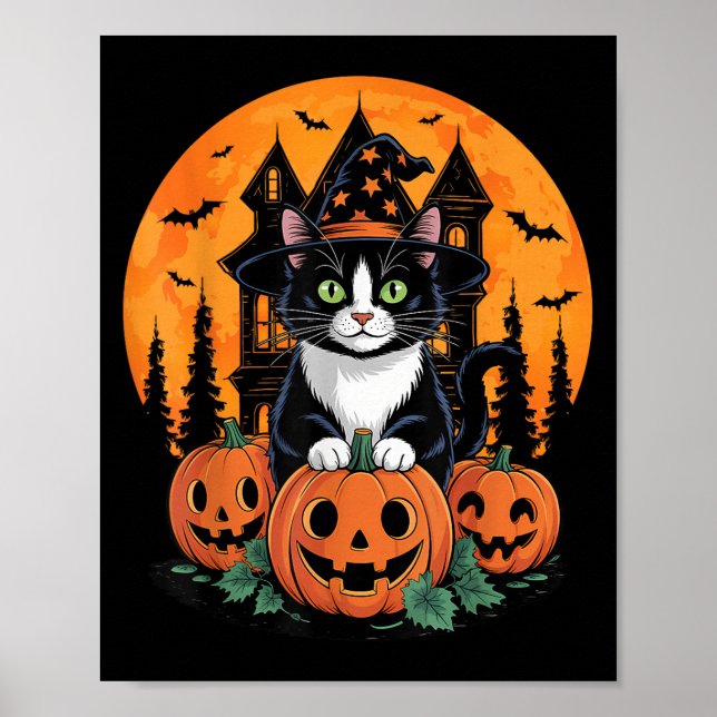Tuxedo Cat Witch Hat Halloween Y Jack O Lantern Pu Poster (Front)