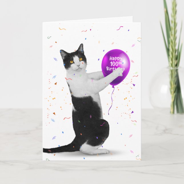 Tuxedo Cat with 100th Birthday Balloon Card (Front)