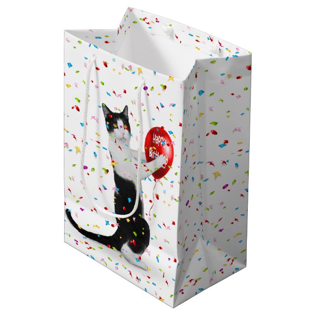 Tuxedo Cat With Birthday Balloon Medium Gift Bag (Front Angled)
