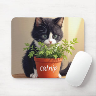 Tuxedo Cat With Catnip Plant Mouse Pad
