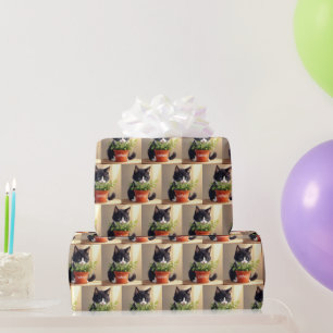 Tuxedo Cat With Catnip Plant Wrapping Paper