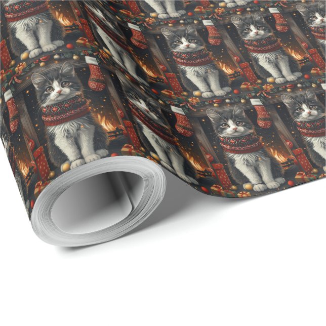 Tuxedo Cat With Christmas Gifts Fireplace Wrapping Paper (Roll Corner)