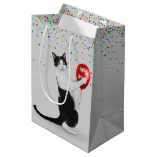 Tuxedo Cat With Confetti and Birthday Balloon Medium Gift Bag