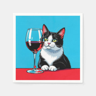 Tuxedo Cat With Glass of Red Wine Napkin