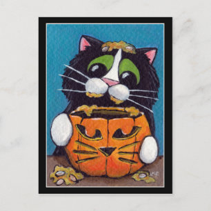 Tuxedo Cat with Halloween Pumpkin Postcard
