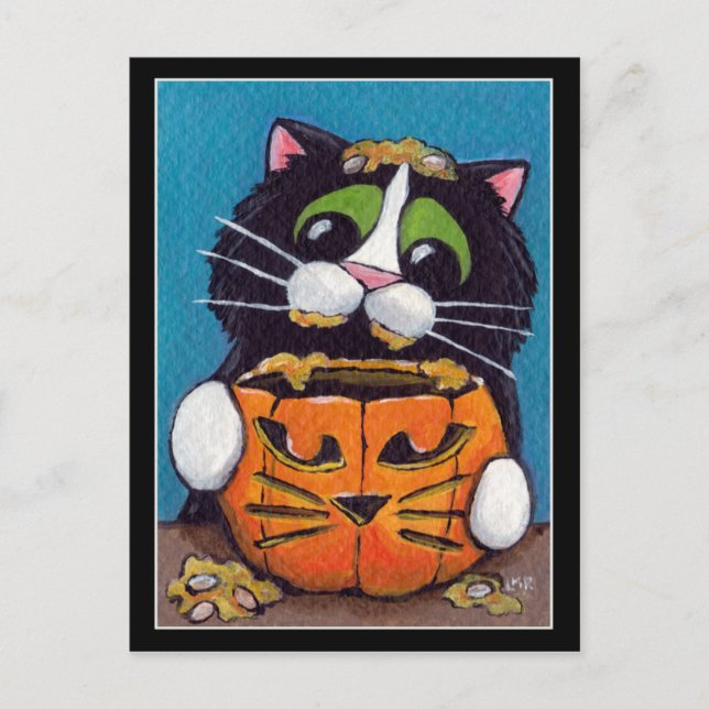 Tuxedo Cat with Halloween Pumpkin Postcard (Front)