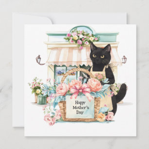 Tuxedo cat with Happy Mother's Day Flower basket  Holiday Card
