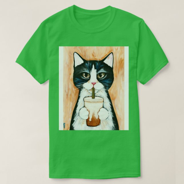 Tuxedo Cat with Iced Coffee T-Shirt (Design Front)