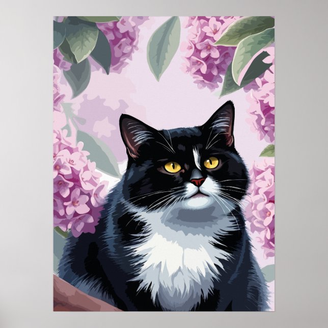 Tuxedo cat with lilac flowers, cute floral cat poster (Front)