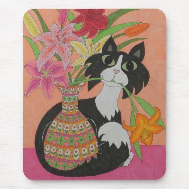 Tuxedo Cat with Lilies Mouse Pad (Front)