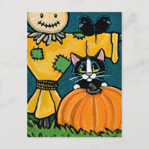 Tuxedo Cat with Pumpkin and Scarecrow Illustration Postcard