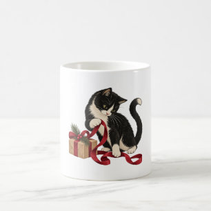 Tuxedo Cat with Red Gift Ribbon Mug