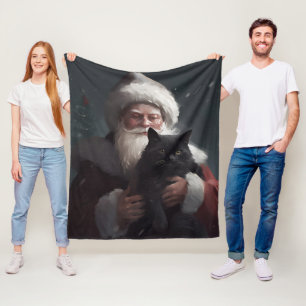 Tuxedo Cat With Santa Claus Festive Christmas Fleece Blanket