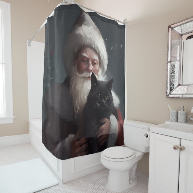 Tuxedo Cat With Santa Claus Festive Christmas Shower Curtain (In Situ)