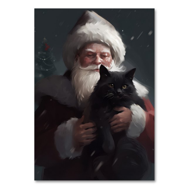 Tuxedo Cat With Santa Claus Festive Christmas Table Number (Front)