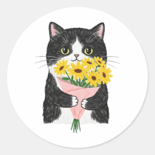 Tuxedo Cat with Sunflowers Bouquet Classic Round Sticker