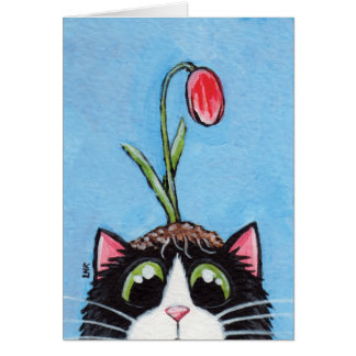 Tuxedo Cat with Tulip on Head - Cat Art Card