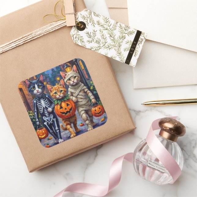 Tuxedo Cats Trick-or-Treating in Halloween Costume Square Sticker (Gifting)