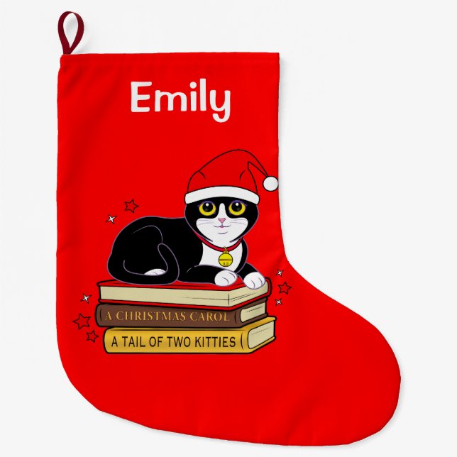 Tuxedo Christmas Cat Bell Books Name Customisable Large Christmas Stocking (Front)