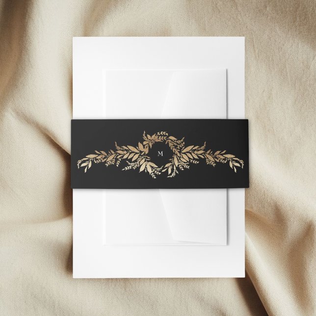 tuxedo & gold botanical wreath monogram wedding invitation belly band (Creator Uploaded)