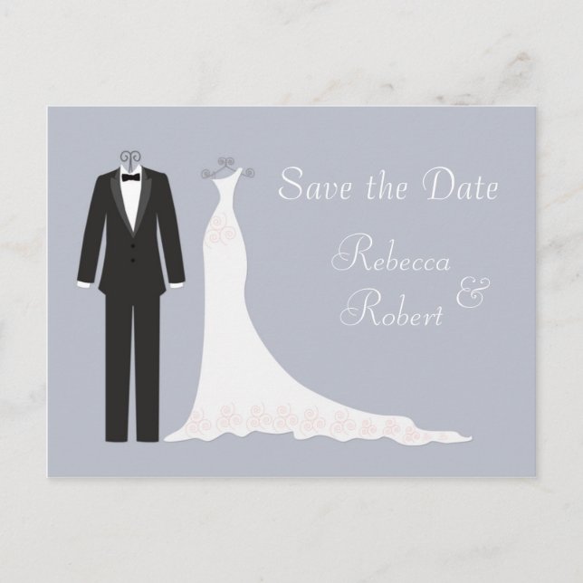 Tuxedo,Gown on silver blue Save the Date Postcard (Front)
