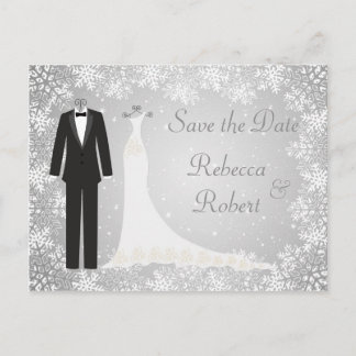 Tuxedo, Gown, Snowflakes Save the Date Postcard
