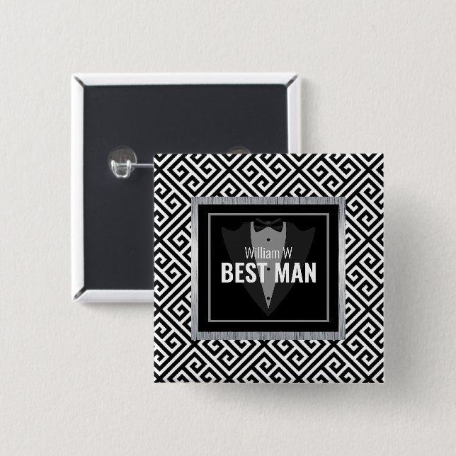 Tuxedo groomsman, best man black and white tuxedo  15 cm square badge (Front & Back)