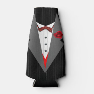 Tuxedo Image, Red Tartan Dickybow, Grey Lapels Bottle Cooler