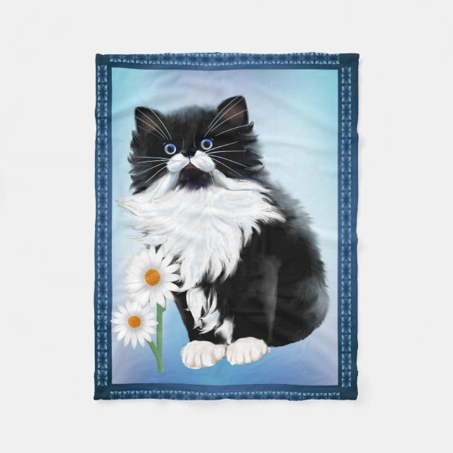 Tuxedo Kitten FaceKitten and Daisy Fleece Blanket (Front)