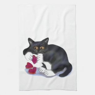 Tuxedo Kitten has Three Valentine Heart Catnip Toy Tea Towel