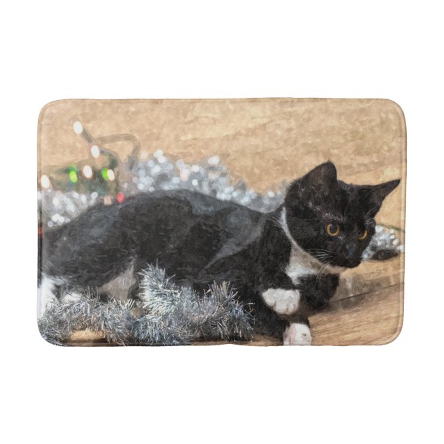 Tuxedo Kitten Tinsel and Lights Painterly Bath Mat (Front)