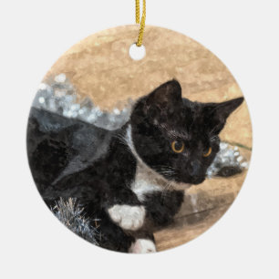 Tuxedo Kitten Tinsel and Lights Painterly Ceramic Tree Decoration