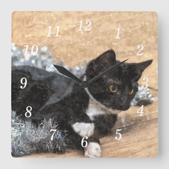 Tuxedo Kitten Tinsel and Lights Painterly Clock (Front)