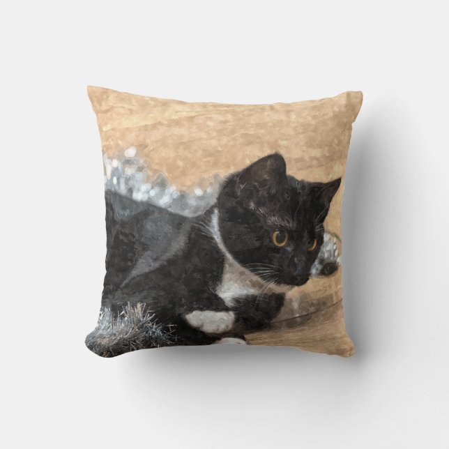 Tuxedo Kitten Tinsel and Lights Painterly Cushion (Front)