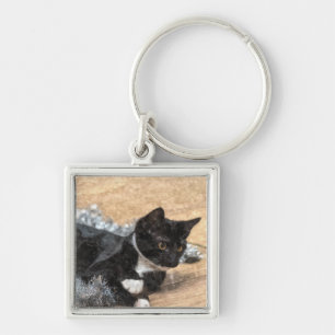 Tuxedo Kitten Tinsel and Lights Painterly Key Ring